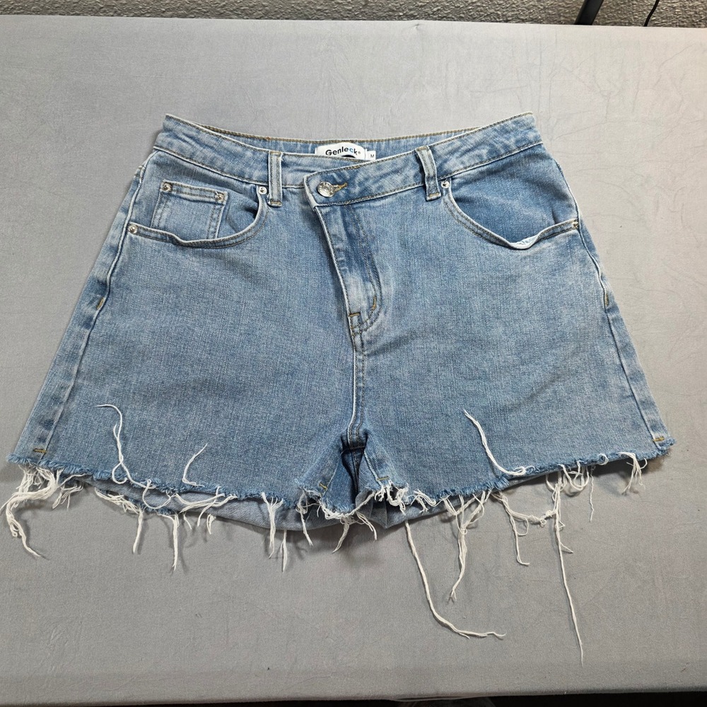 Genleck Womens Asymmetrical Crossover Waist Denim Shorts Light Wash Blue Size M